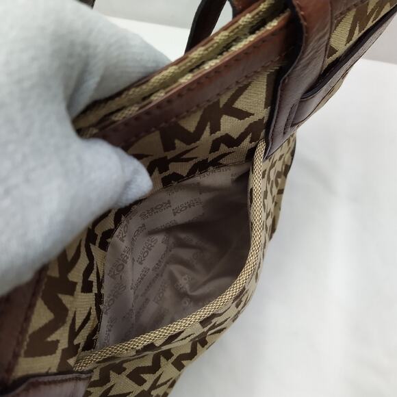 Michael Kors Brown Canvas Leather Trim MK Printed Double Handle Zipper Tote Bag - Picture 16 of 16